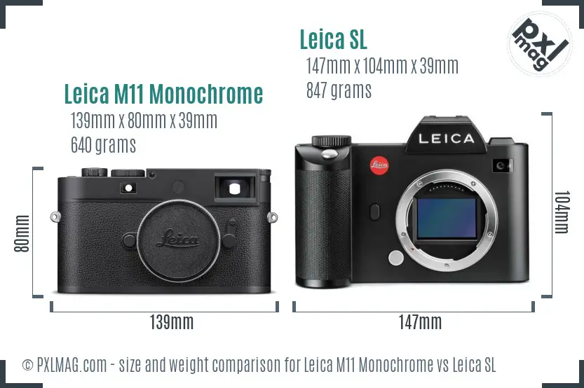 Leica M11 Monochrome vs Leica SL size comparison