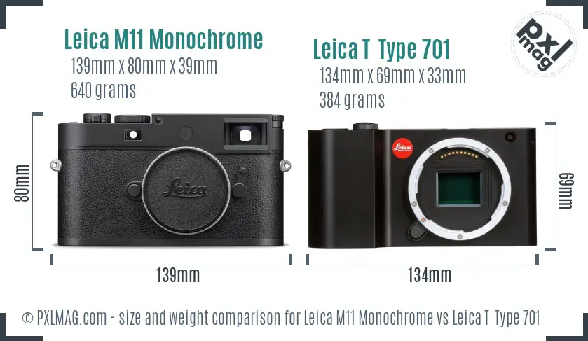 Leica M11 Monochrome vs Leica T  Type 701 size comparison