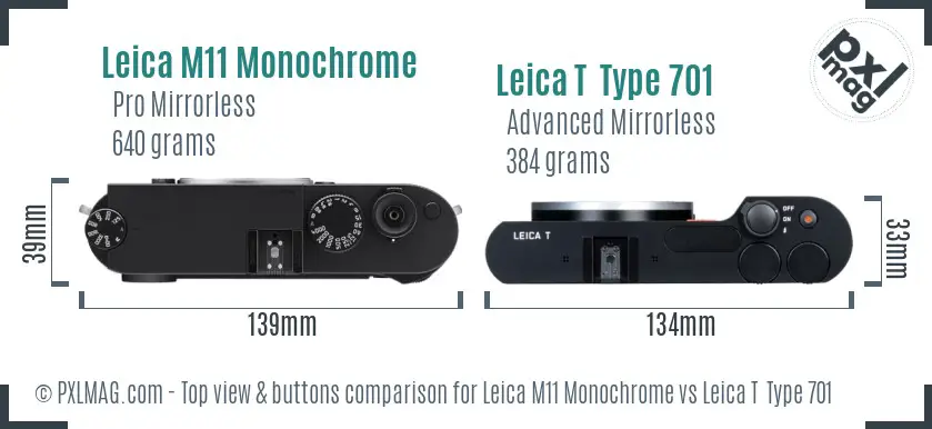 Leica M11 Monochrome vs Leica T  Type 701 top view buttons comparison