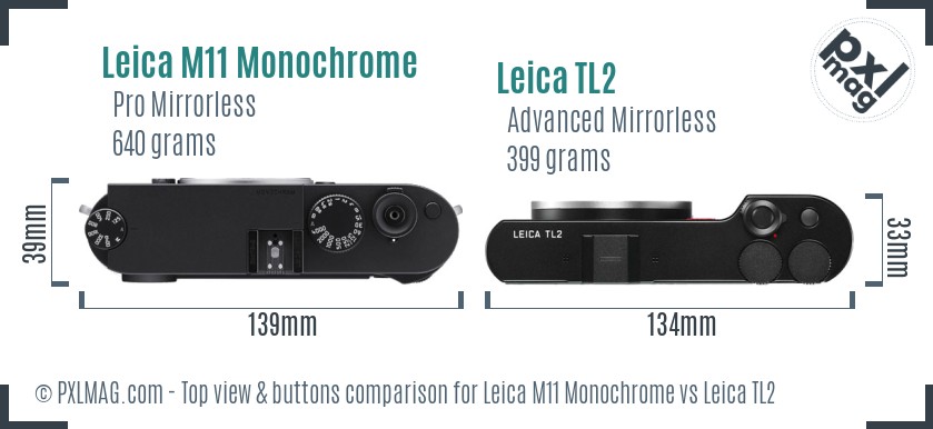 Leica M11 Monochrome vs Leica TL2 top view buttons comparison