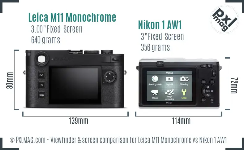 Leica M11 Monochrome vs Nikon 1 AW1 Screen and Viewfinder comparison