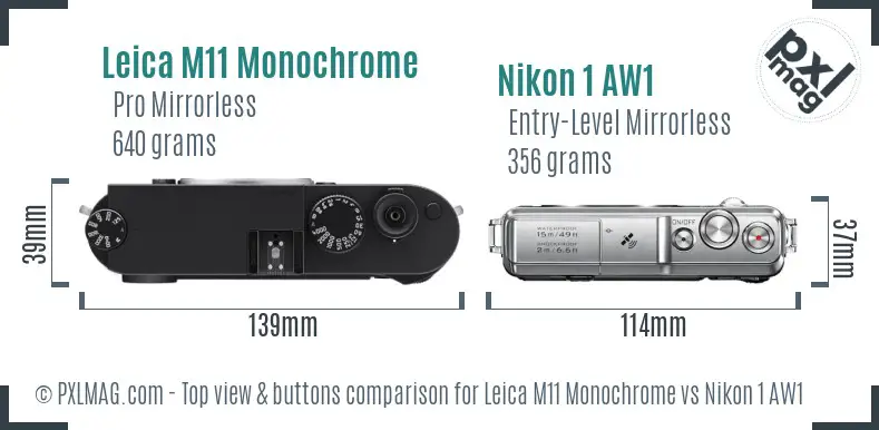 Leica M11 Monochrome vs Nikon 1 AW1 top view buttons comparison