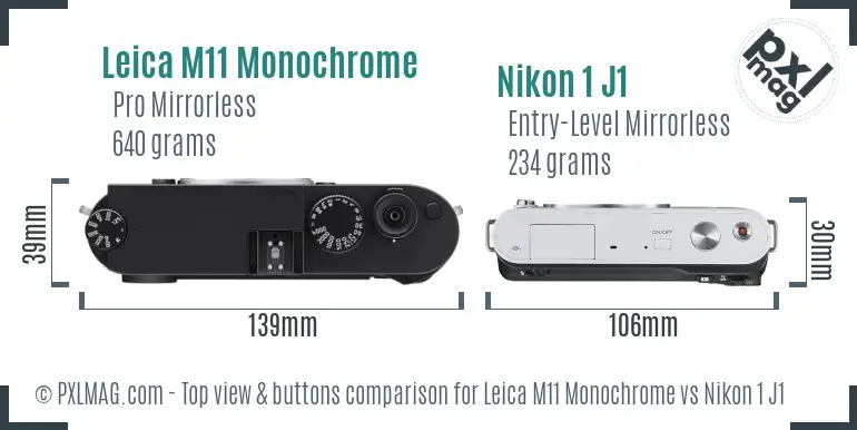 Leica M11 Monochrome vs Nikon 1 J1 top view buttons comparison