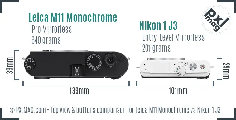 Leica M11 Monochrome vs Nikon 1 J3 top view buttons comparison