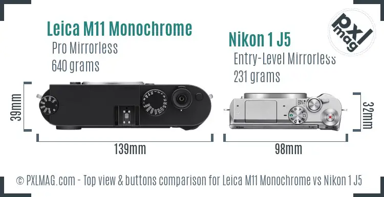Leica M11 Monochrome vs Nikon 1 J5 top view buttons comparison