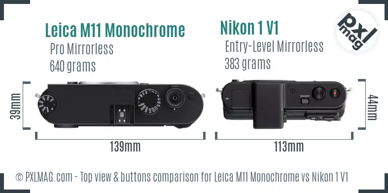 Leica M11 Monochrome vs Nikon 1 V1 top view buttons comparison