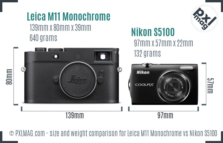 Leica M11 Monochrome vs Nikon S5100 size comparison
