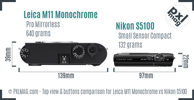 Leica M11 Monochrome vs Nikon S5100 top view buttons comparison