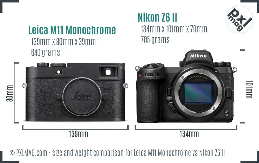 Leica M11 Monochrome vs Nikon Z6 II size comparison