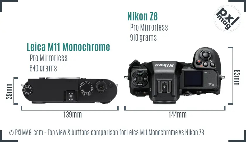 Leica M11 Monochrome vs Nikon Z8 top view buttons comparison