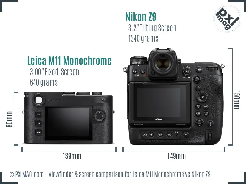 Leica M11 Monochrome vs Nikon Z9 Screen and Viewfinder comparison
