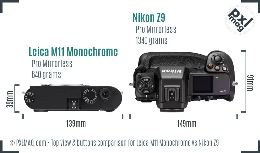 Leica M11 Monochrome vs Nikon Z9 top view buttons comparison