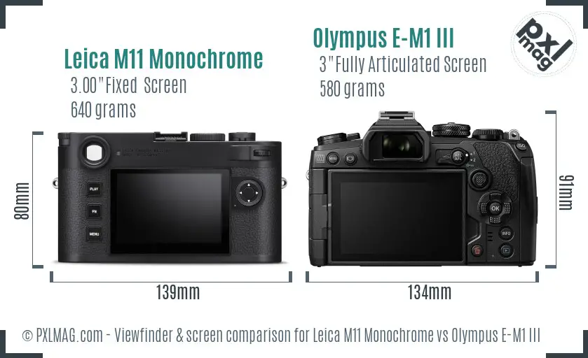 Leica M11 Monochrome vs Olympus E-M1 III Screen and Viewfinder comparison