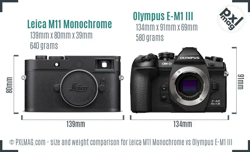 Leica M11 Monochrome vs Olympus E-M1 III size comparison