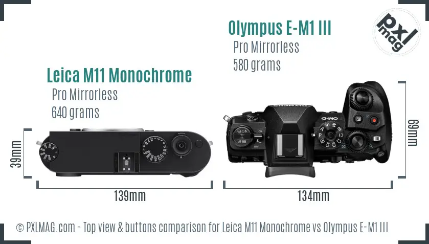 Leica M11 Monochrome vs Olympus E-M1 III top view buttons comparison