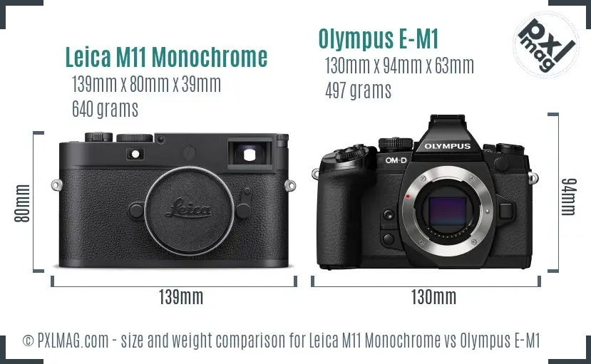 Leica M11 Monochrome vs Olympus E-M1 size comparison