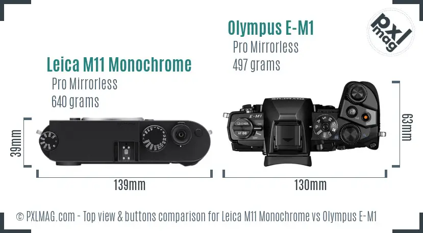 Leica M11 Monochrome vs Olympus E-M1 top view buttons comparison