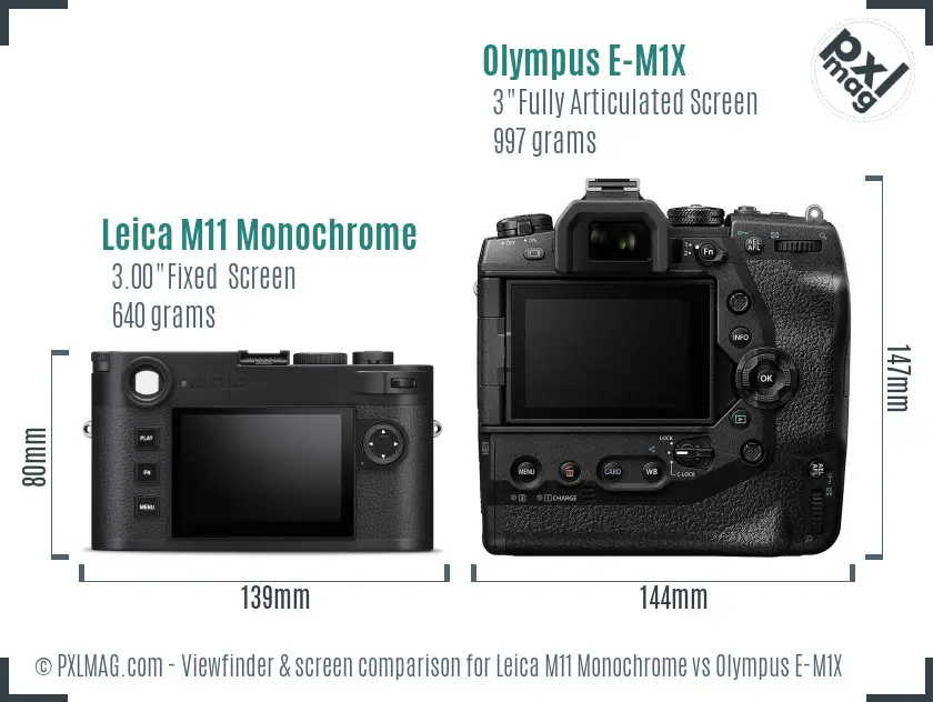 Leica M11 Monochrome vs Olympus E-M1X Screen and Viewfinder comparison