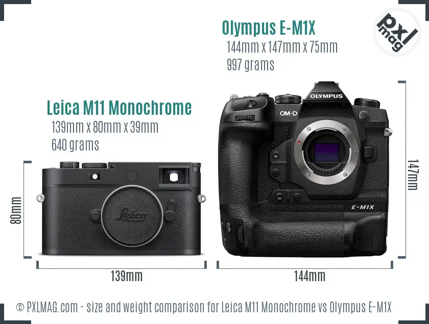 Leica M11 Monochrome vs Olympus E-M1X size comparison
