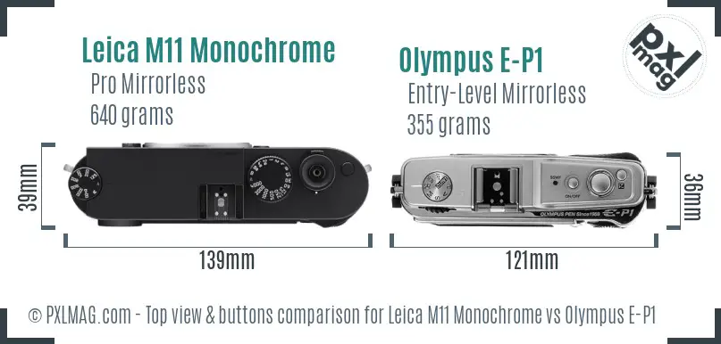 Leica M11 Monochrome vs Olympus E-P1 top view buttons comparison Leica M11 Monochrome vs Olympus E-P1 top view buttons comparison