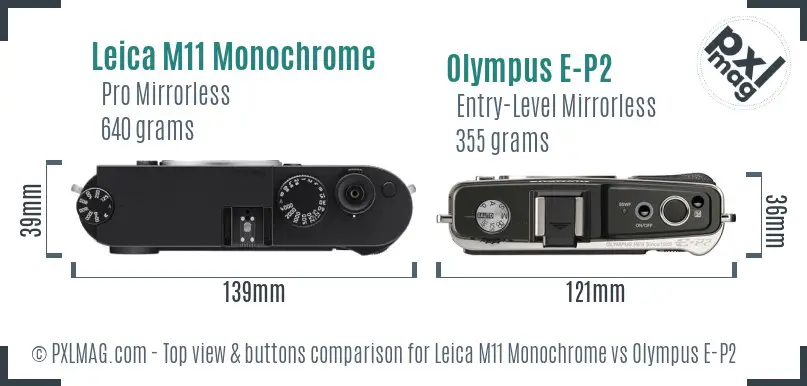 Leica M11 Monochrome vs Olympus E-P2 top view buttons comparison