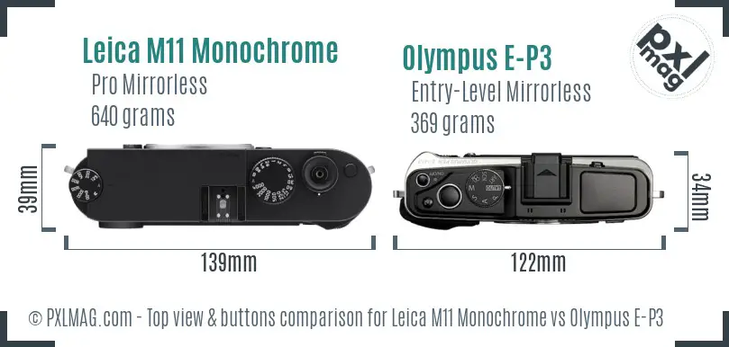 Leica M11 Monochrome vs Olympus E-P3 top view buttons comparison