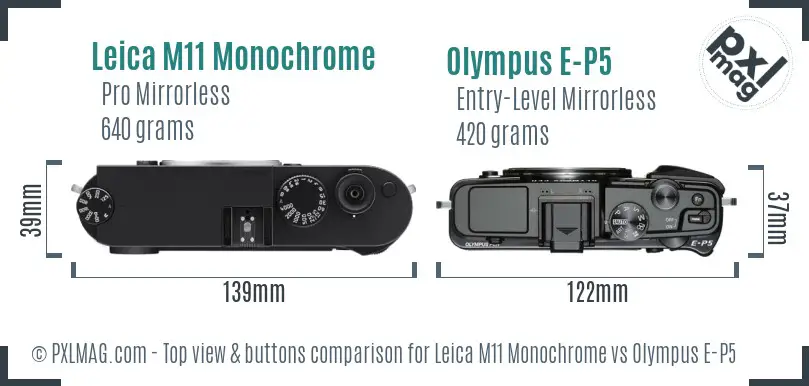 Leica M11 Monochrome vs Olympus E-P5 top view buttons comparison