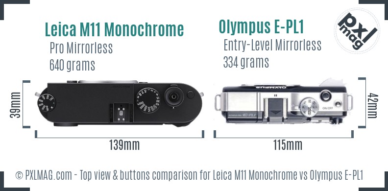 Leica M11 Monochrome vs Olympus E-PL1 top view buttons comparison