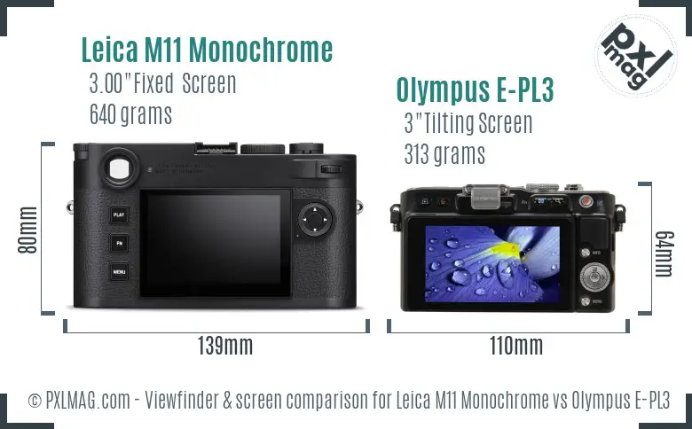 Leica M11 Monochrome vs Olympus E-PL3 Screen and Viewfinder comparison