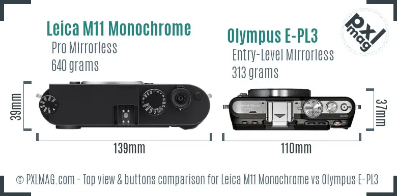 Leica M11 Monochrome vs Olympus E-PL3 top view buttons comparison