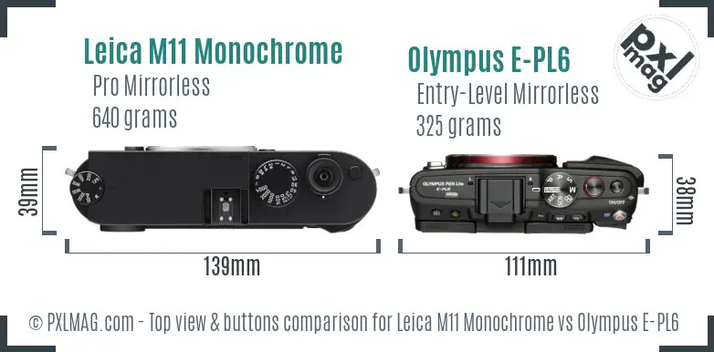 Leica M11 Monochrome vs Olympus E-PL6 top view buttons comparison Leica M11 Monochrome vs Olympus E-PL6 top view buttons comparison