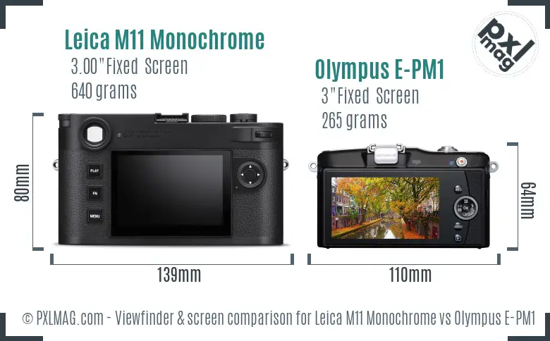 Leica M11 Monochrome vs Olympus E-PM1 Screen and Viewfinder comparison