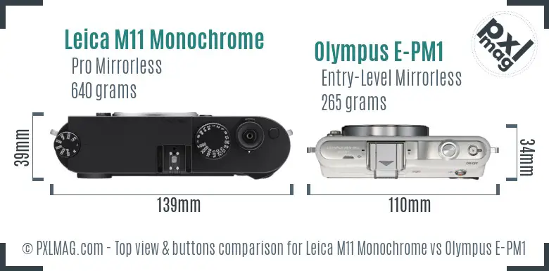 Leica M11 Monochrome vs Olympus E-PM1 top view buttons comparison