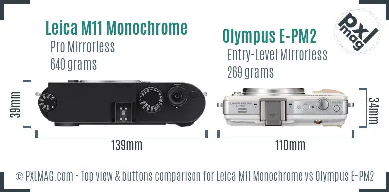 Leica M11 Monochrome vs Olympus E-PM2 top view buttons comparison