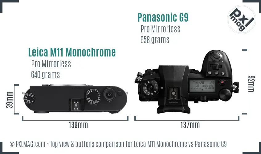 Leica M11 Monochrome vs Panasonic G9 top view buttons comparison