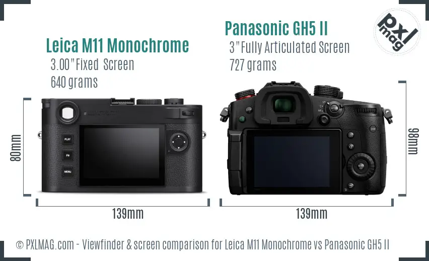 Leica M11 Monochrome vs Panasonic GH5 II Screen and Viewfinder comparison