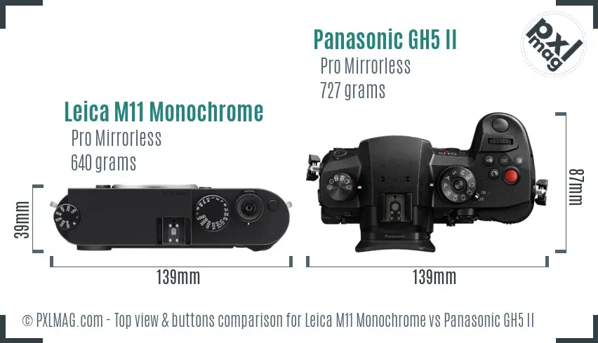 Leica M11 Monochrome vs Panasonic GH5 II top view buttons comparison
