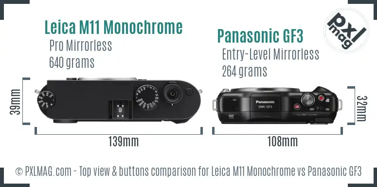 Leica M11 Monochrome vs Panasonic GF3 top view buttons comparison