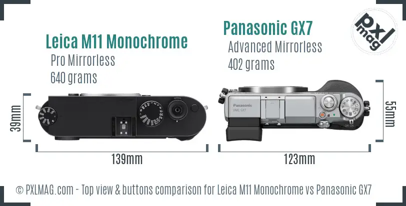 Leica M11 Monochrome vs Panasonic GX7 top view buttons comparison