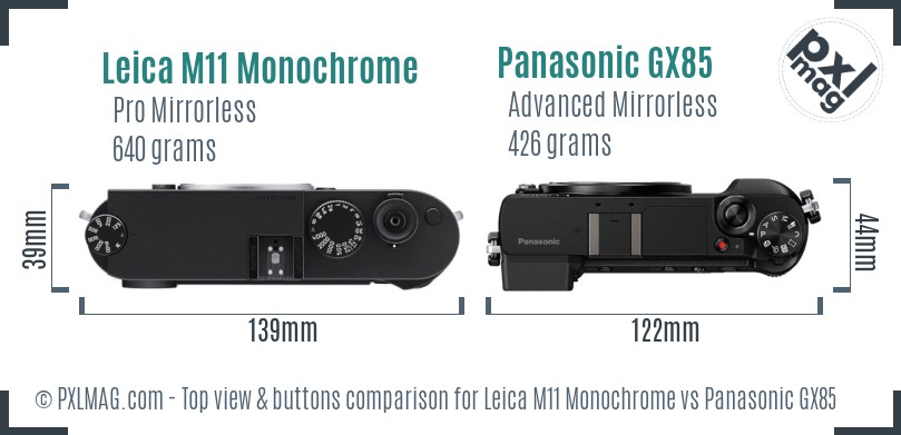 Leica M11 Monochrome vs Panasonic GX85 top view buttons comparison