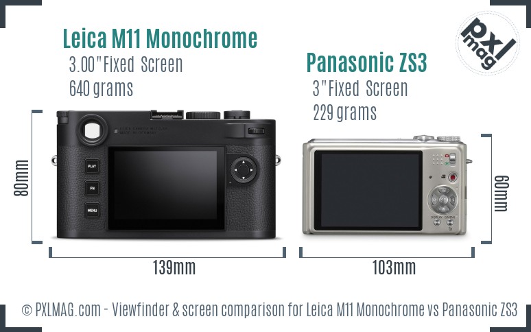 Leica M11 Monochrome vs Panasonic ZS3 Screen and Viewfinder comparison