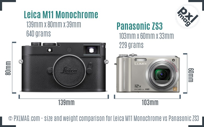Leica M11 Monochrome vs Panasonic ZS3 size comparison