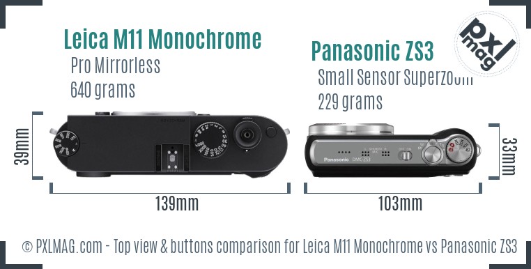 Leica M11 Monochrome vs Panasonic ZS3 top view buttons comparison