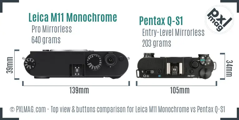 Leica M11 Monochrome vs Pentax Q-S1 top view buttons comparison Leica M11 Monochrome vs Pentax Q-S1 top view buttons comparison