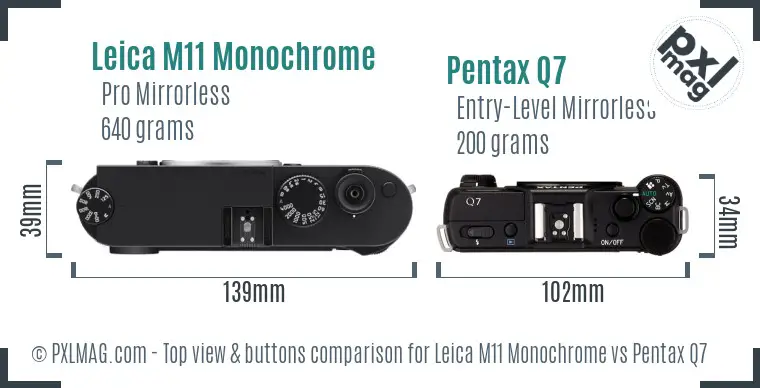 Leica M11 Monochrome vs Pentax Q7 top view buttons comparison Leica M11 Monochrome vs Pentax Q7 top view buttons comparison