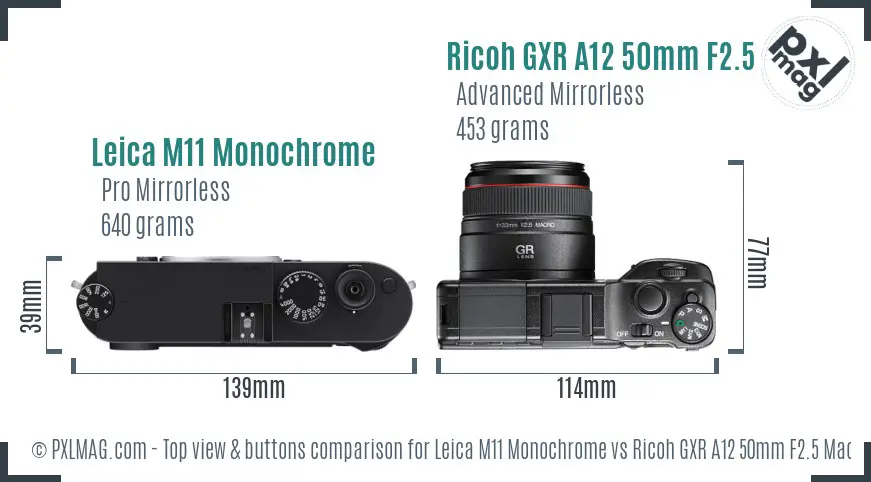 Leica M11 Monochrome vs Ricoh GXR A12 50mm F2.5 Macro top view buttons comparison Leica M11 Monochrome vs Ricoh GXR A12 50mm F2.5 Macro top view buttons comparison
