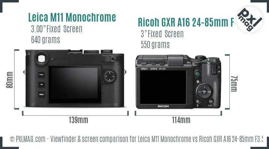 Leica M11 Monochrome vs Ricoh GXR A16 24-85mm F3.5-5.5 Screen and Viewfinder comparison