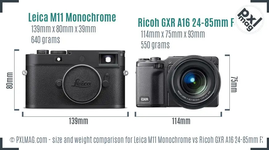 Leica M11 Monochrome vs Ricoh GXR A16 24-85mm F3.5-5.5 size comparison