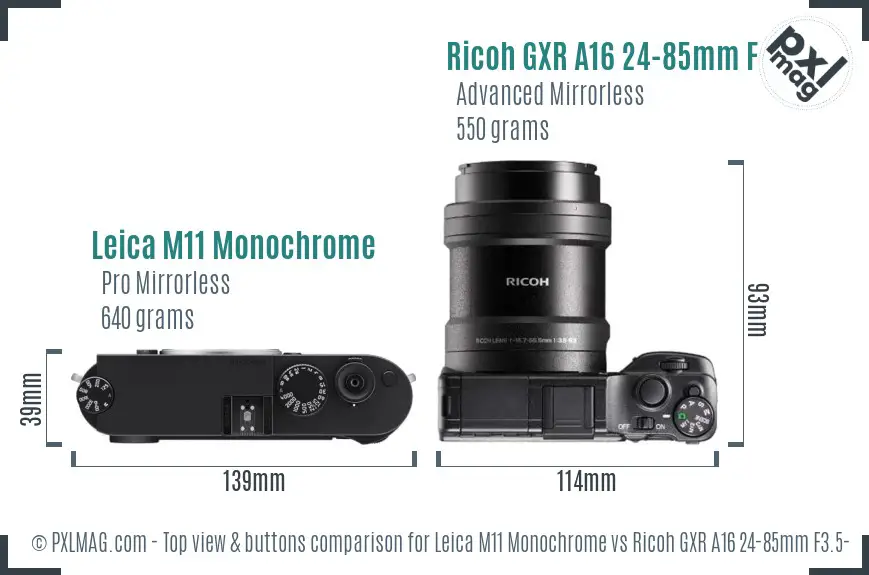 Leica M11 Monochrome vs Ricoh GXR A16 24-85mm F3.5-5.5 top view buttons comparison