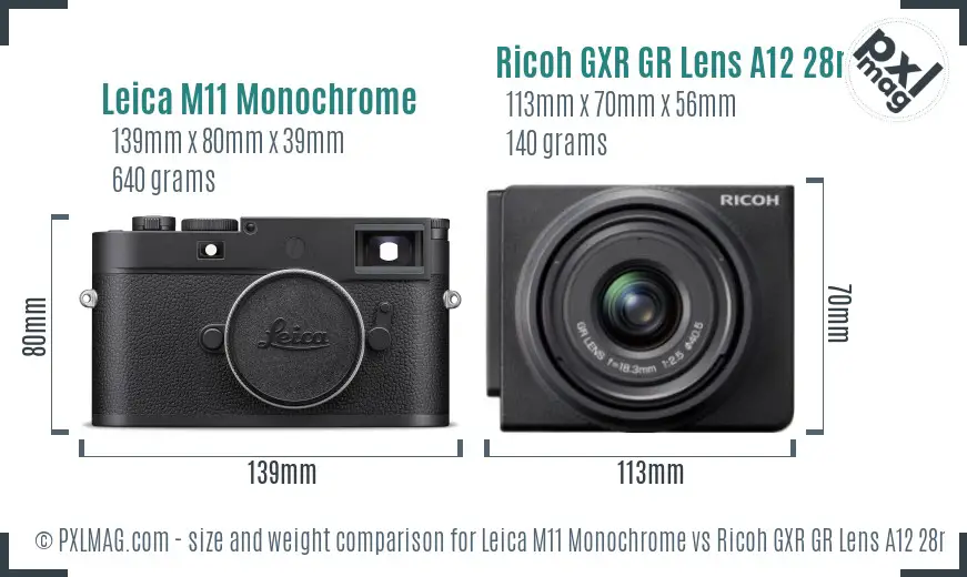 Leica M11 Monochrome vs Ricoh GXR GR Lens A12 28mm F2.5 size comparison